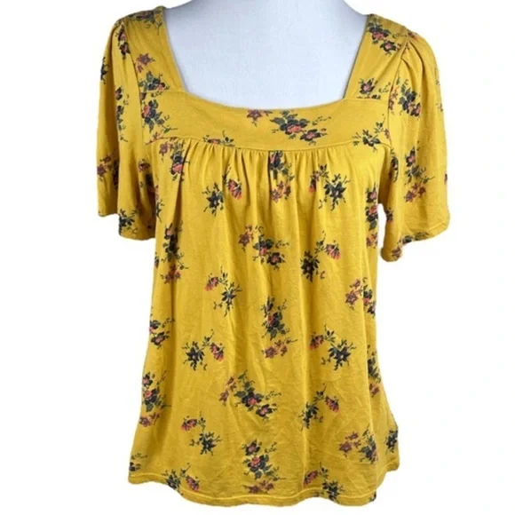 Lucky Brand Women’s Square Neck Yellow Floral Short Sleeve Top - Picture 4 of 12